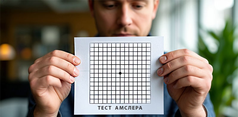 Тест Амслера: позволяет при самостоятельной оценке обнаружить искажения зрения